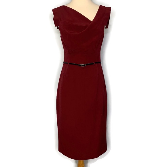 Black Halo Burgundy Jackie O Pencil Skirt Belted Sheath Dress Size M - Picture 6 of 15